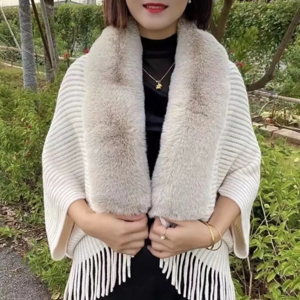 Abiti da sera da donna Cardigan Mantello Collo in pelliccia sintetica Scialle lavorato a maglia Avvolge Inverno Caldo nuova sciarpa e involucro