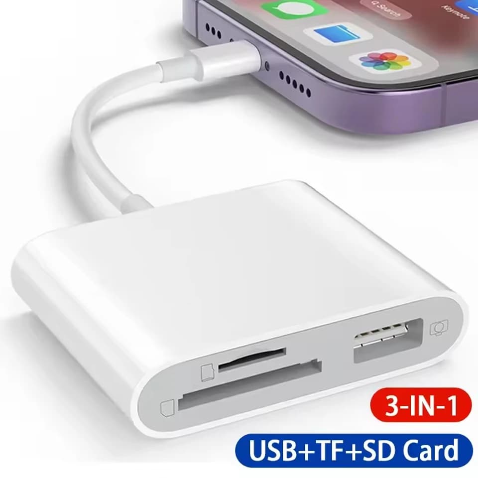 Lettore di Schede SD/TF 3-in-1 Type-C e Lightning con Adattatore OTG per iPhone 17 16 15 14 13 Pro Max, iPad, MacBook, Samsung, Huawei