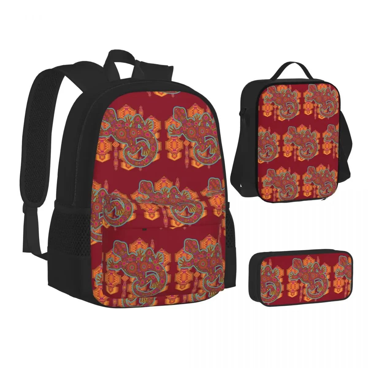 Ethnic Tribal Lizard Salamander Backpacks Students Bookbag School Bags Children Rucksack Lunch Bag Pen Bag Three-Piece Set