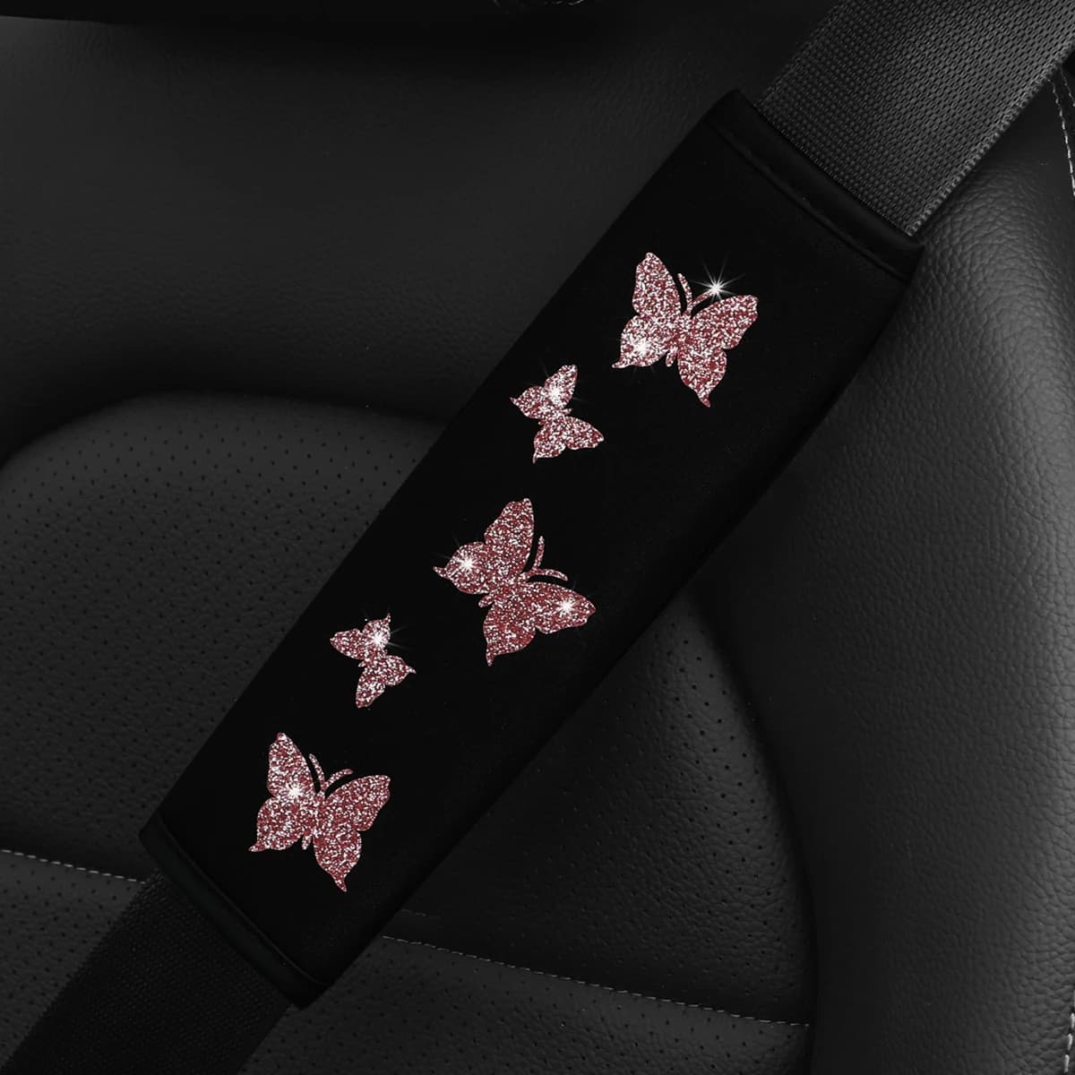 1 Automotive Supplies of Sparkling Fabric with Glittered Pink Butterfly Seat Belt Cover Comfortable Safety Belt Anti-Slip