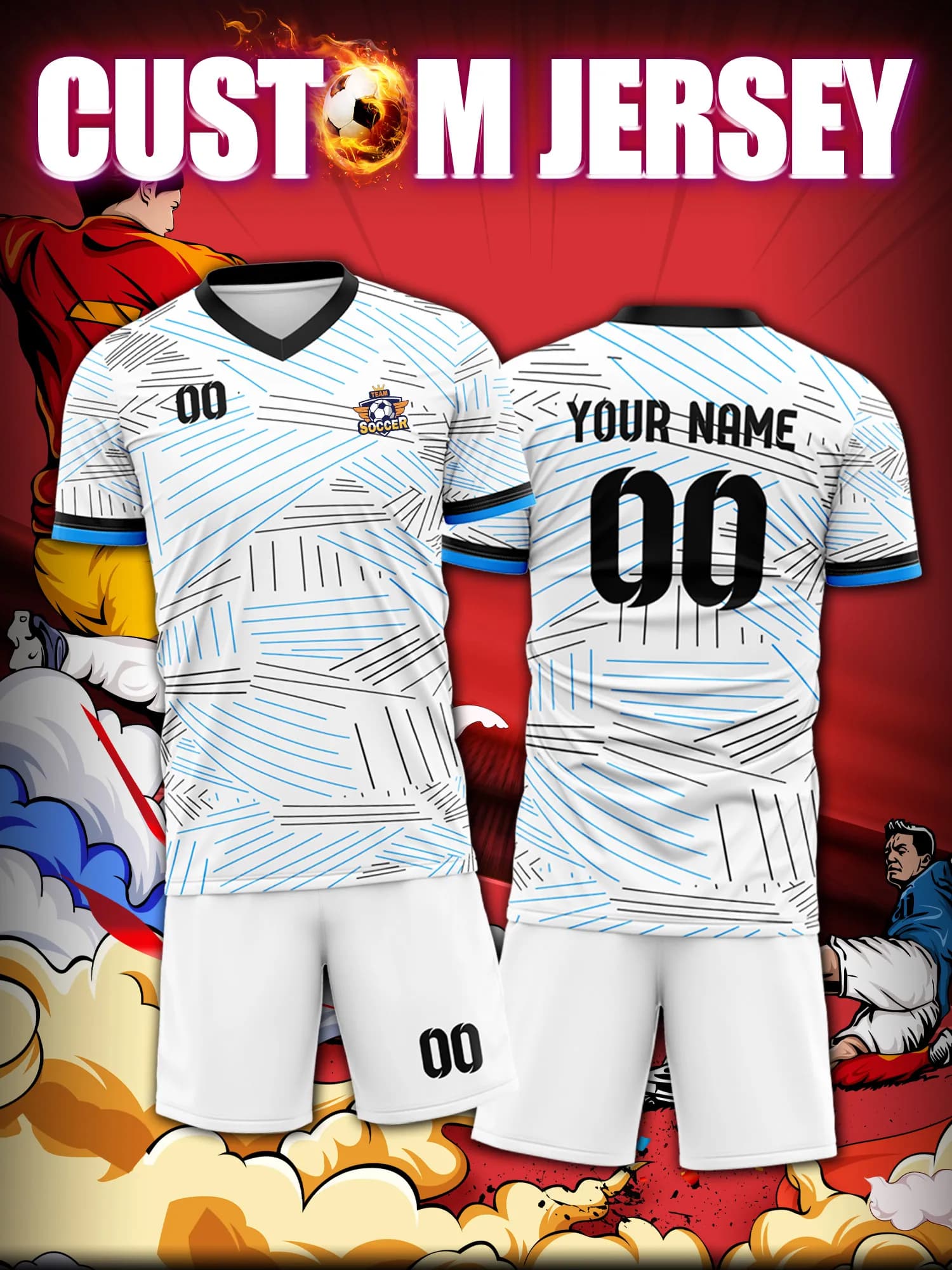 Customized football jersey with image, number and custom name, casual soccer clothing for everyday.