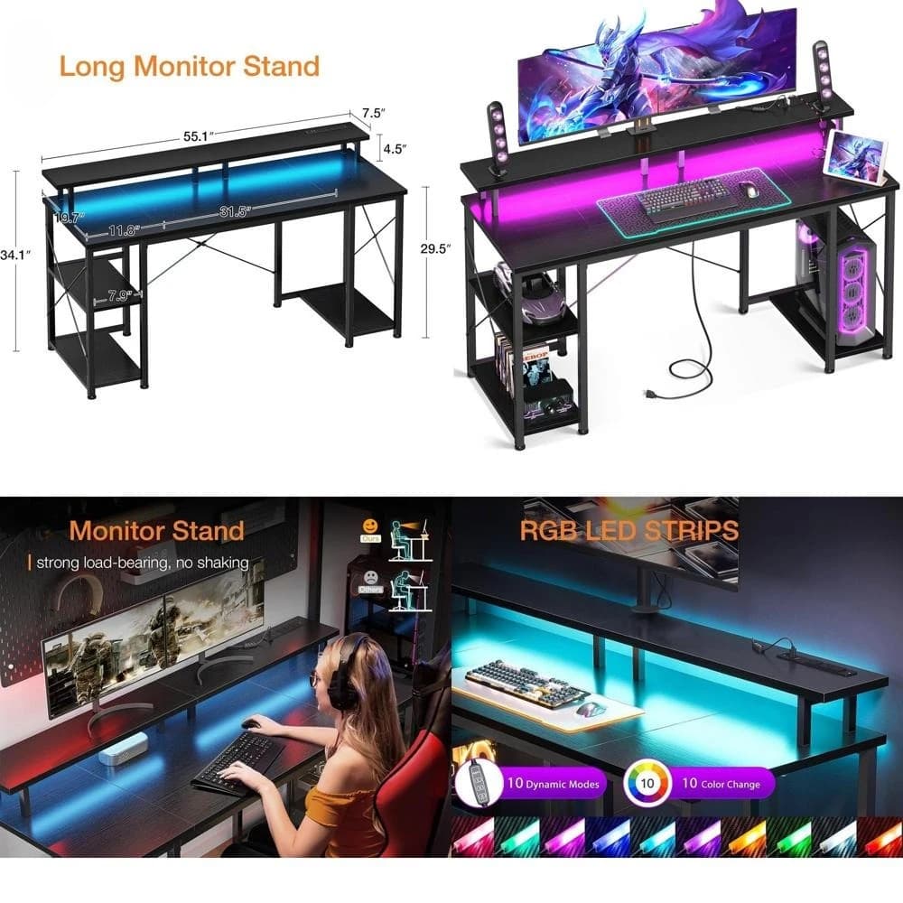 Scrivania da gioco con illuminazione a 55 LED, prese di corrente, supporto per monitor e ripiani portaoggetti, scrivania per ufficio domestico nera
