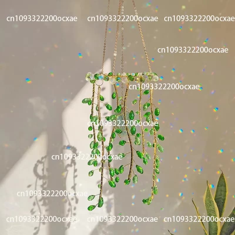 Crystal Glass Pendant, Sun Catcher Pendant, Green Willow Branch Hanging Ornament, Home Decoration Wind Chime