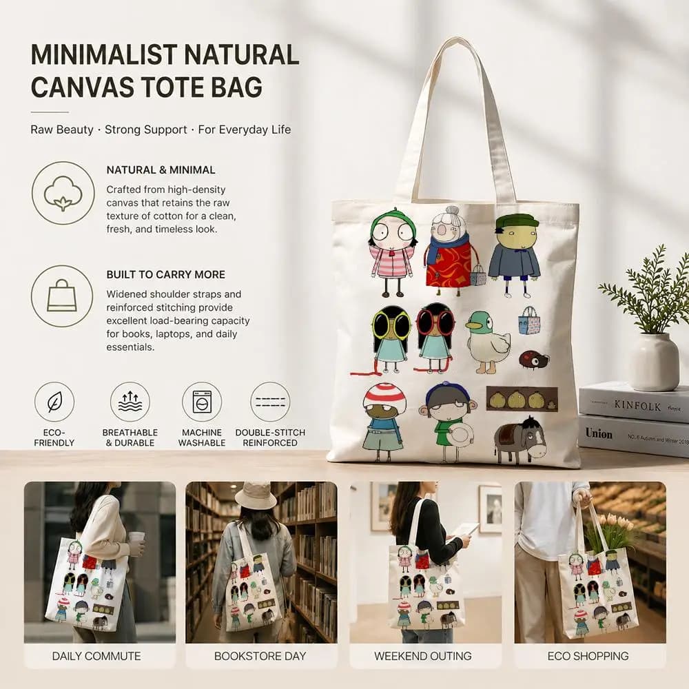 Borse portaoggetti in tela di cotone ecologica con personaggi dei cartoni animati S-Sarah e Duck, leggere e pieghevoli per viaggi, lavoro, shopping, spiaggia, palestra