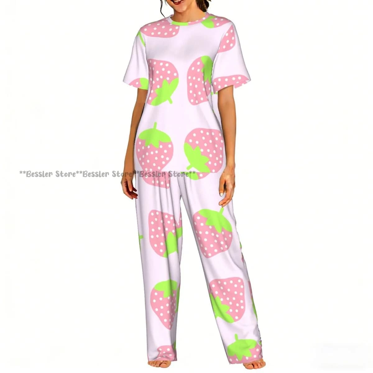 Women's comfortable pyjamas, Set with Sleeves Court and Print of Pink Strawberries, Nightwear