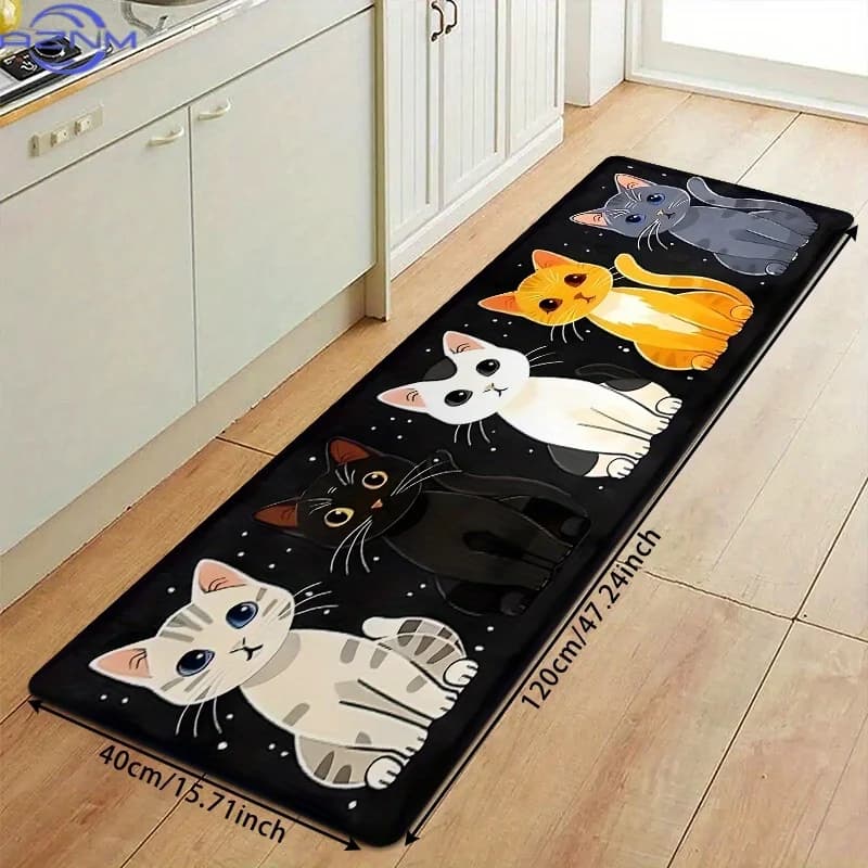 1pc Kitchen Floor Mats, Multicolor Cartoon Cute Cat Lovely Pet Element Pattern Printed Carpet, Polyester Non-Slip Floor Mats,