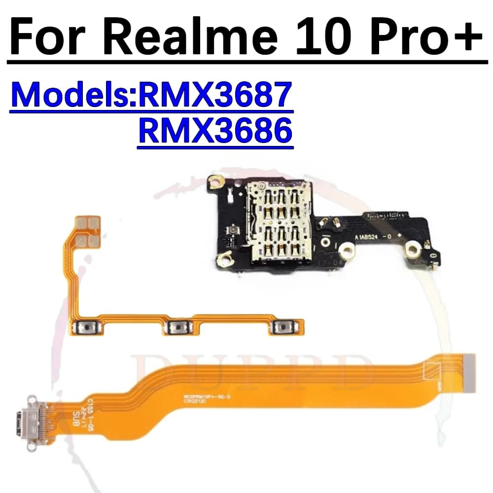 Scheda lettore di schede SIM con microfono per Realme 10 Pro + Plus 10Pro + RMX3687 RMX3686 cavo flessibile per porta di ricarica del Volume di alimentazione On/Off