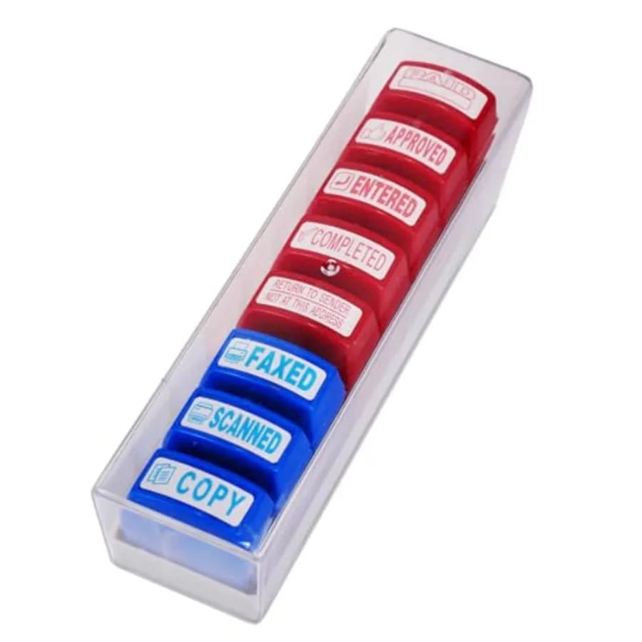 8 PCS Self-Inking Stamp Set with Storage Tray Office Rubber Stamps for Approved Paid Scanned Faxed Copy Completed Message Work