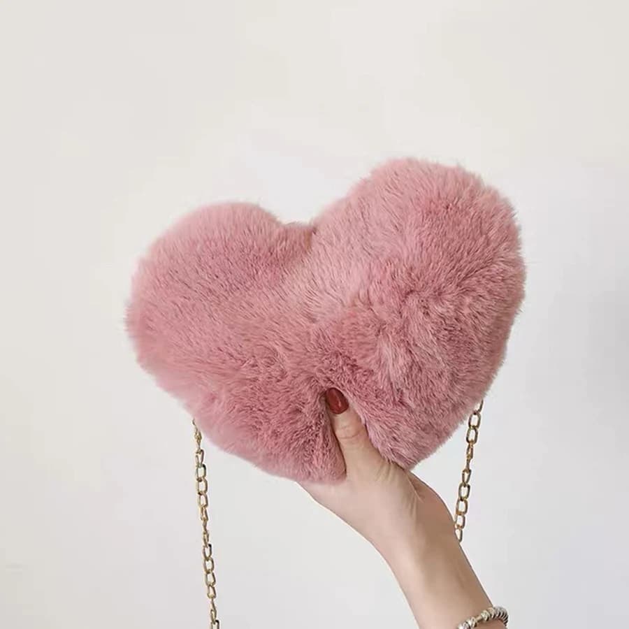 Borse a forma di cuore da donna soffici alla moda Borse a tracolla in pelliccia sintetica Kawaii carine Borsa a portafoglio Catene di peluche Borse a tracolla