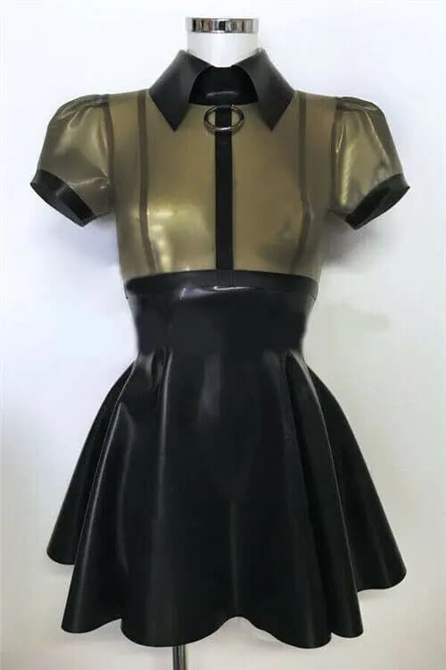 100% Latex Gummi Pure Rubber Dress Cosplay Short Sleeve Gray Long Skirt Rear Zipper 0.4mm