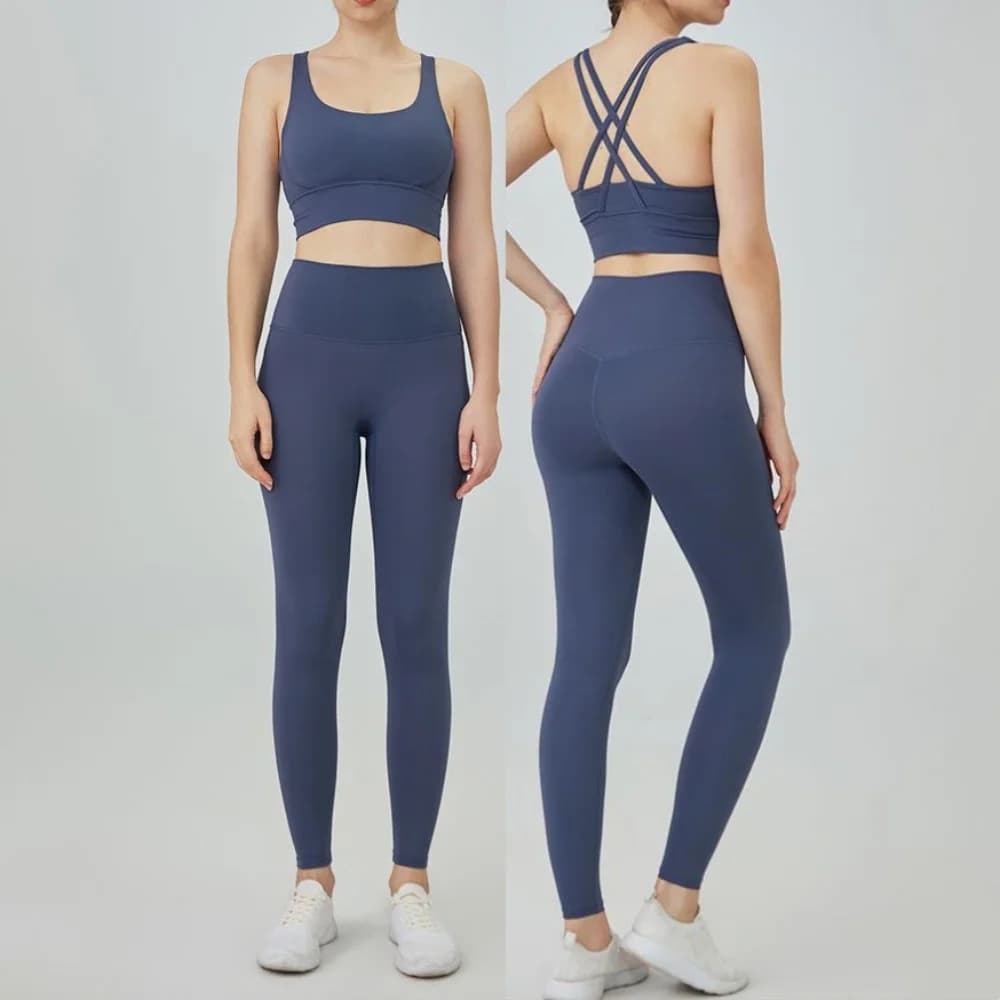 Completo yoga classico da donna in 2 pezzi: top a fascia incrociata e leggings elasticizzati effetto burro, ideale per palestra, allenamento, danza e sport.