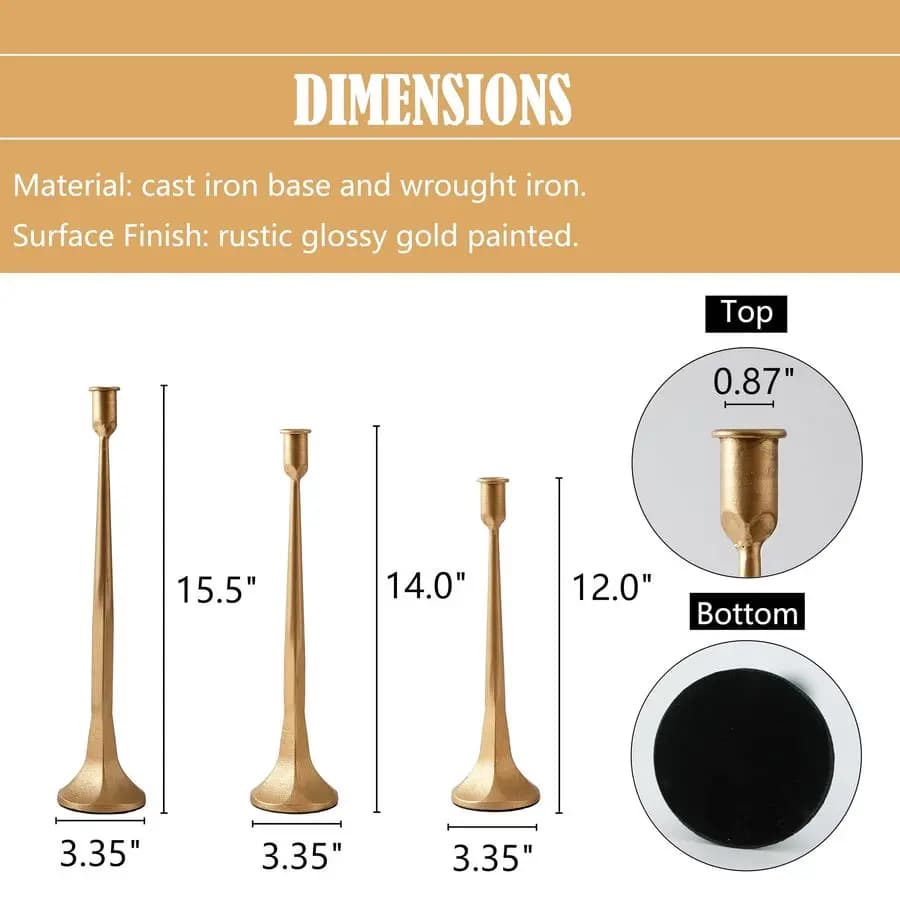 Set of 3 Golden Iron Candle Holders, High Quality Decorative Candles, Wedding Set