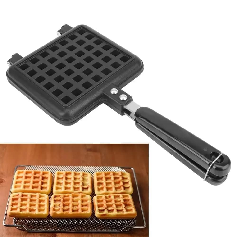 Stampo per waffle con manico lungo Stampo in metallo per waffle quadrato in alluminio pressofuso Padella antiaderente resistente al calore per toast