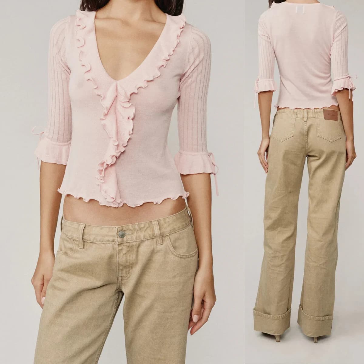 Wj Light Pink Ruffled Three-Quarter Sleeve Knit Top V-Neck Ruched Lace Top Waist-Cinching Slimming Knit T-Shirt