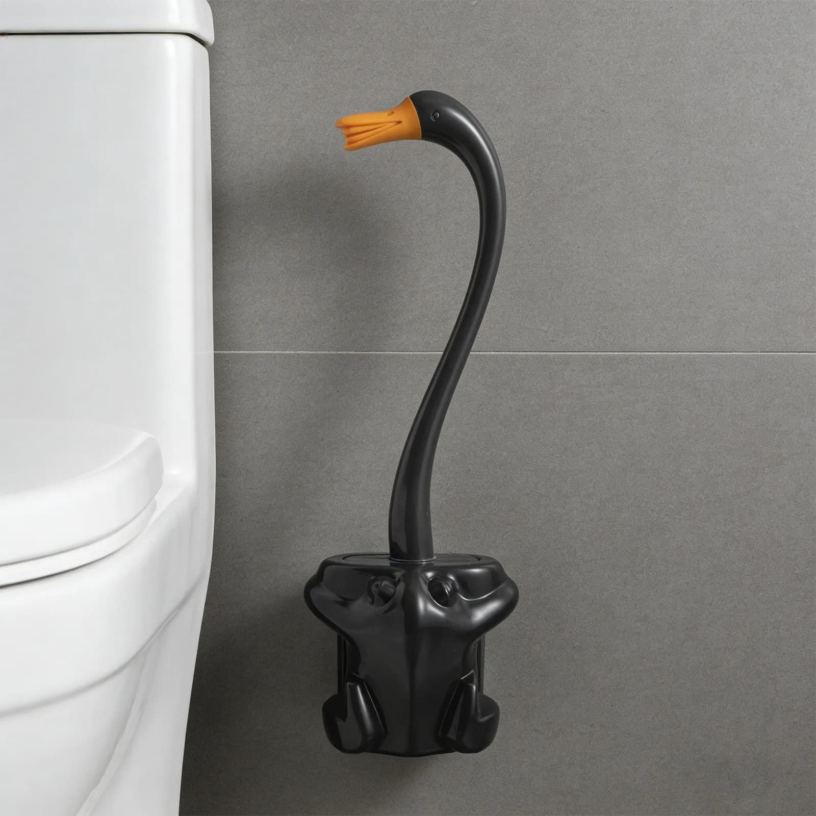 Spazzola per WC da Parete Creativa Nera Decorativa a Forma di Cigno con Manico Lungo, Strumento Essenziale per la Pulizia del Bagno, Porta Spazzola per WC