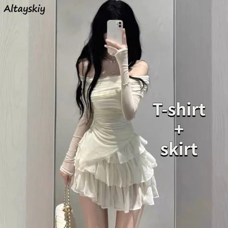 Women's Sweatshirts Summer Sweatshirts Layered Dance Dress High waist Sweet Sweatshirts Irregular Solar Protection Long Sleeved T-shirt OOTD