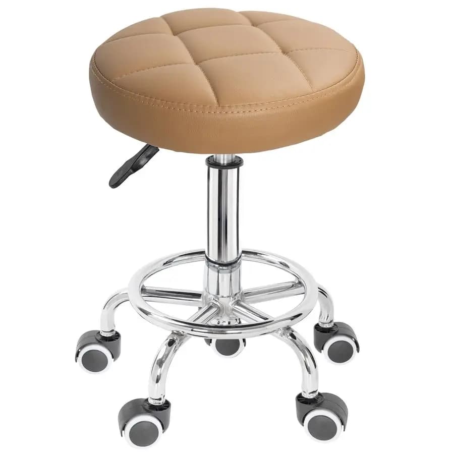 Sgabello Girevole in Pelle Regolabile in Altezza, Sedia da Lavoro Rotonda per Spa, Salone, Massaggi con Poggiapiedi, Marrone