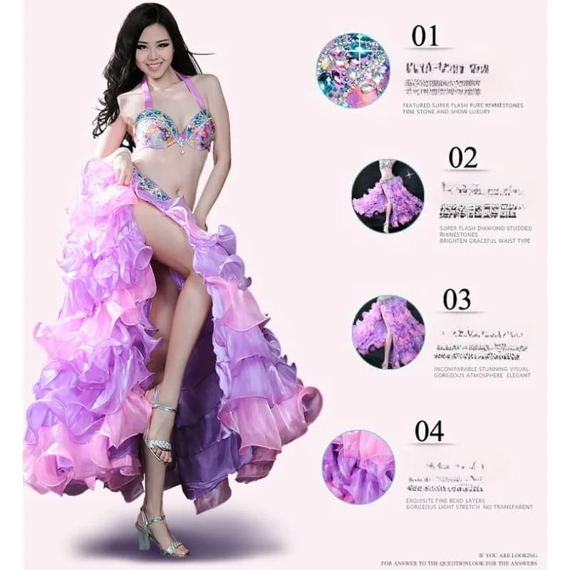 Costume da danza del ventre personalizzato Costume da spettacolo Costume da danza orientale Gonna sexy con cintura per reggiseno di danza del ventre 3 pezzi Abbigliamento donna