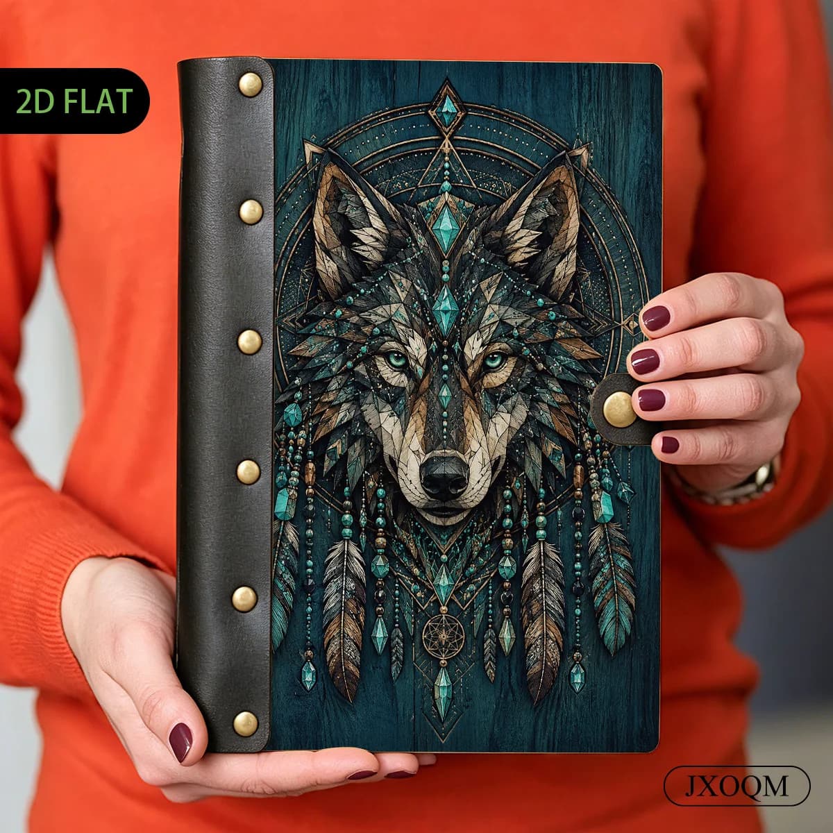 1PC Mystical Wolf Dreamcatcher Wooden Hardcover Loose Leaf Notebook, 2D Flat Vintage Style, 6-Hole Metal Binder