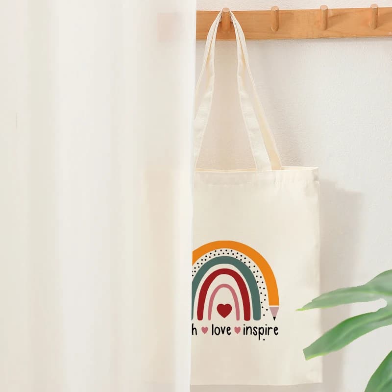 Teacher Love Inspire Printed Casual Tote Bags Teacher's Gift Bag Reusable Rainbow Pencil Shopping Bag Multifunctional Handbag
