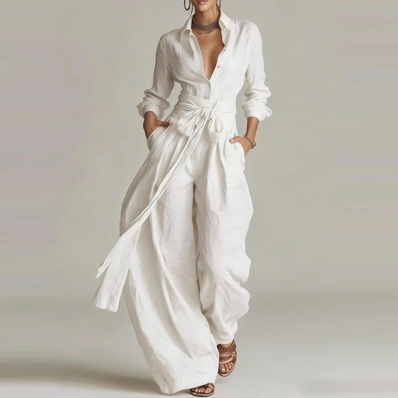 Elegant Women's Dress with Top in Bottoni and Trousers with Laces, Long Sleeves, Pockets, Unit Tint, for Office and Casual