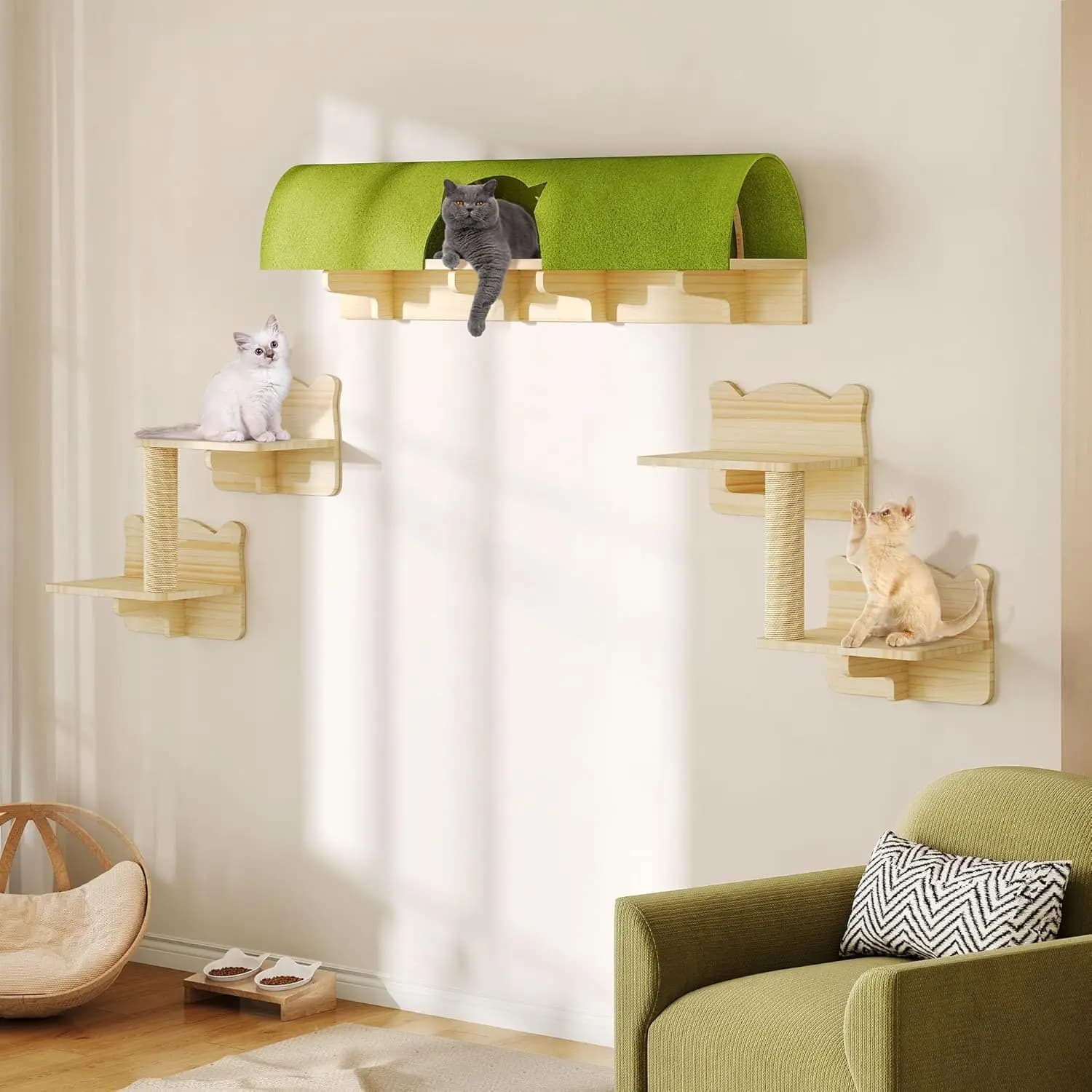 Set di Intrattenimento per Gatti da Interno, in Legno Massello, Colore Naturale, 7-in-1 con Tunnel e Tiragraffi