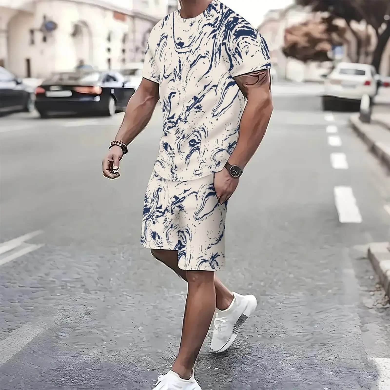 Men Printed Outfit Short Sleeve T shirt And Shorts 2 Piece Casual Tracksuit Set