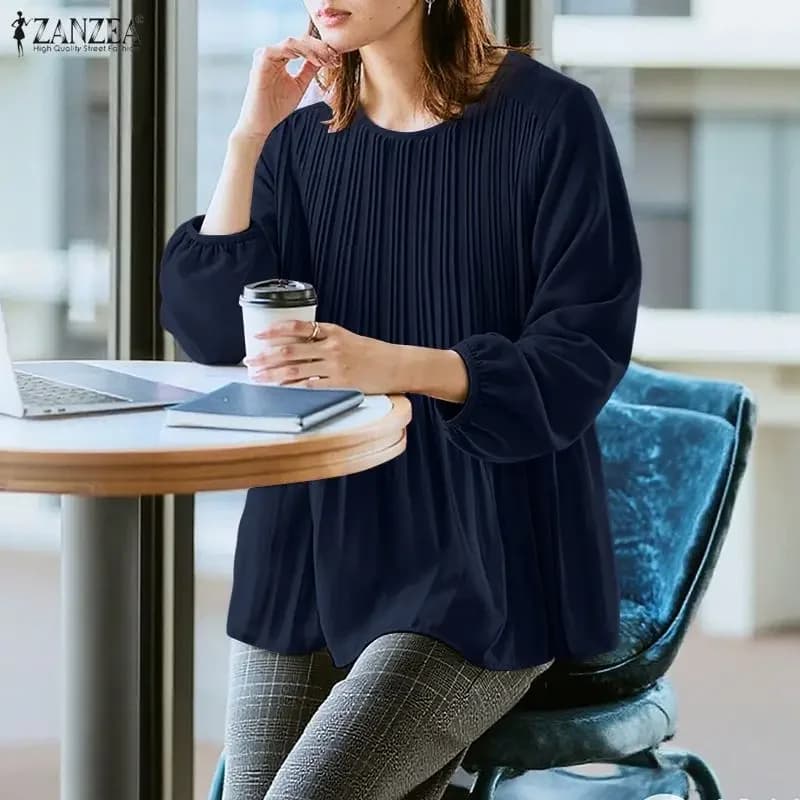 2026 ZANZEA Elegante Magliette e camicette Office Lady Camicetta Moda Donna Manica Lunga Lanterna Camicie Casual Oversize O-Collo Allentato Streetwear