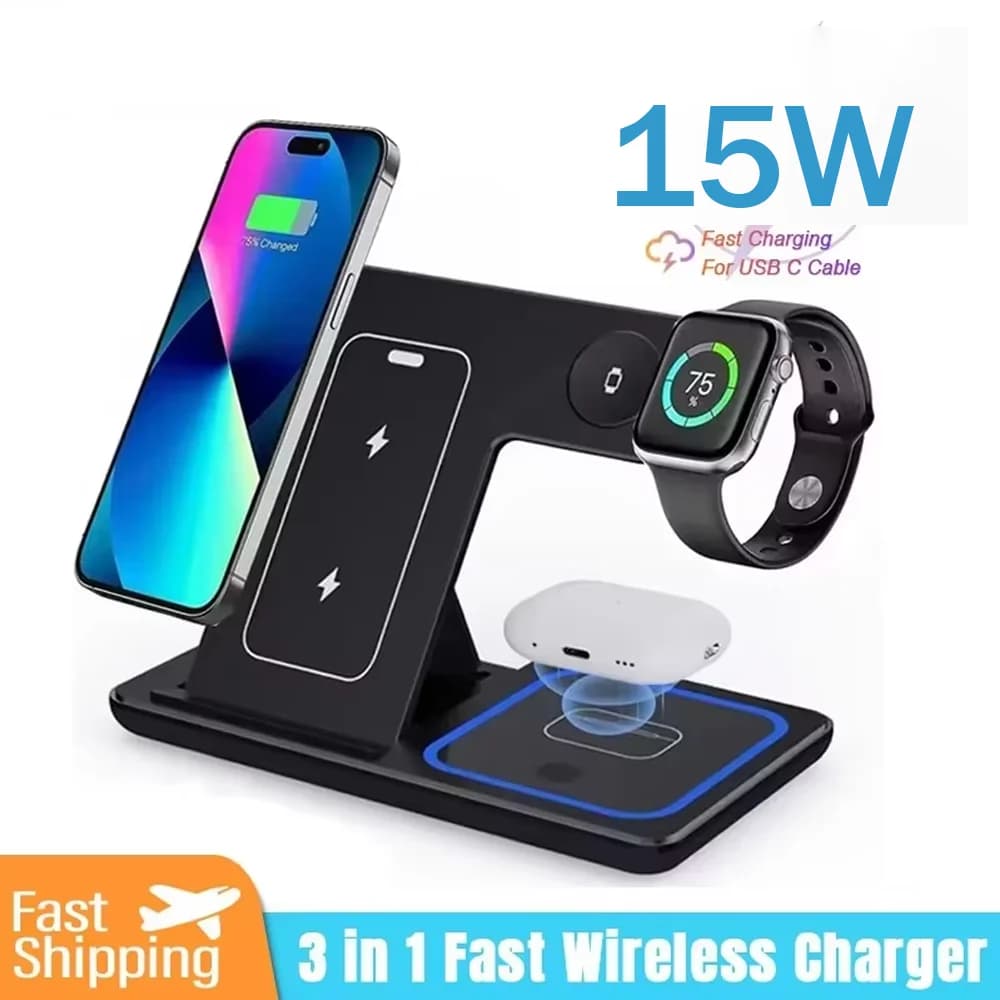 Wireless Charger 3 in 1 from 15W, Foldable Support for Quick Charging, Compatible with iPhone 17 16 15 14 13 12 11 X 8, Apple Watch and Airpods