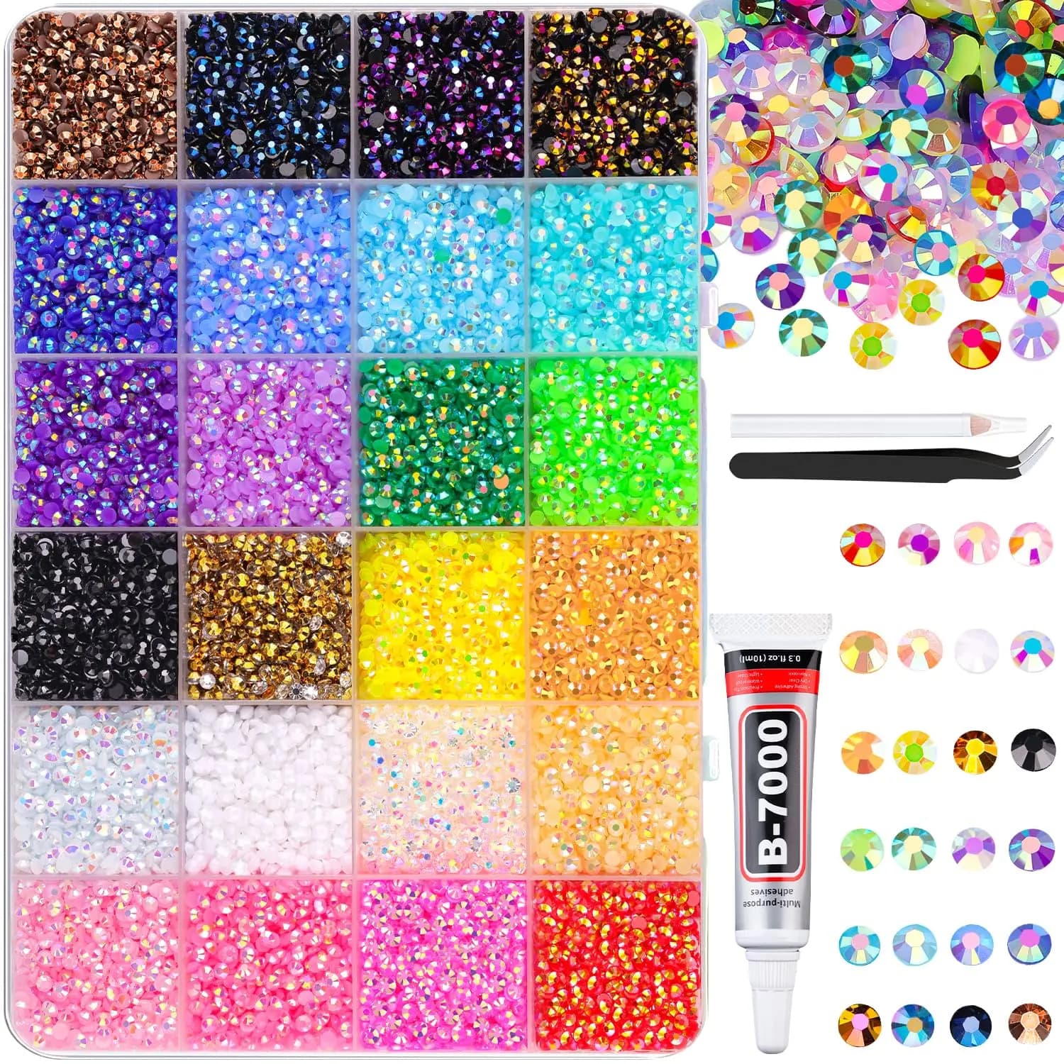32000 Pezzi di Strass in Resina + Colla B7000, Gemme Piatte da 3mm per Artigianato, Kit Decorativo per Scarpe, Vestiti, Nail Art