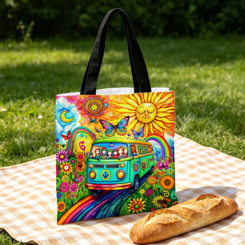 Colorful Hippie Van Handbag Multicolor Pattern Tote Bags And Makeup Bag Combination For Women Travel Daily Use Shoulder Bag
