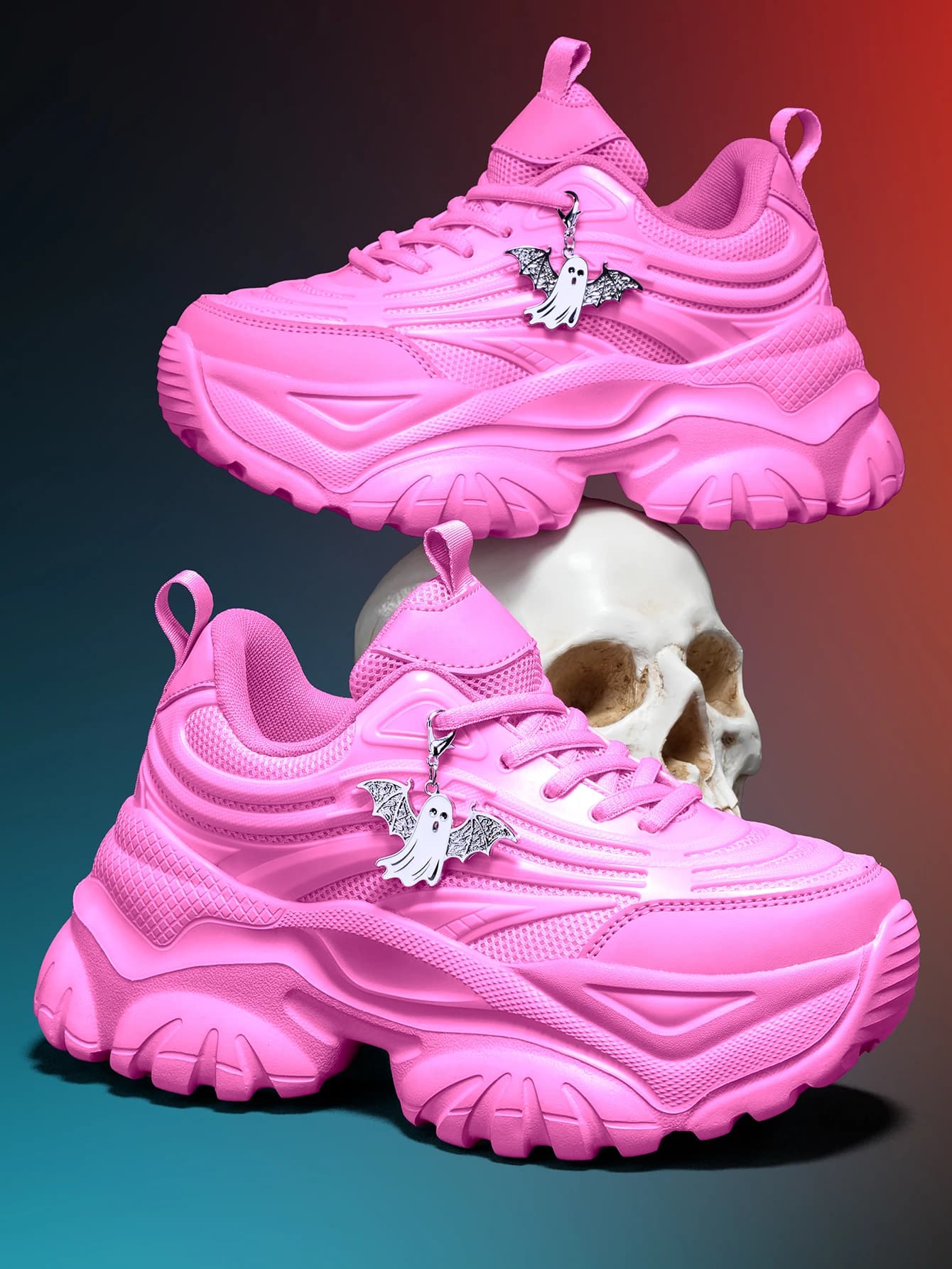 Women's 2026 Sweet-Cool Y2K Style Platform Sneakers with 7cm Height Increase, High Street Punk Fashion Theme, Versatile Casual Pink Sneakers, 3D Design with Mesh Fabric Upper, Lightweight and Breathable, Featuring Detachable Silver Ghost Metal Charms, Round Toe Lace-Up Design, Eva Non-Slip Wave Sole for Cushioning and Comfort, Suitable for All Seasons, Trendy Shoes