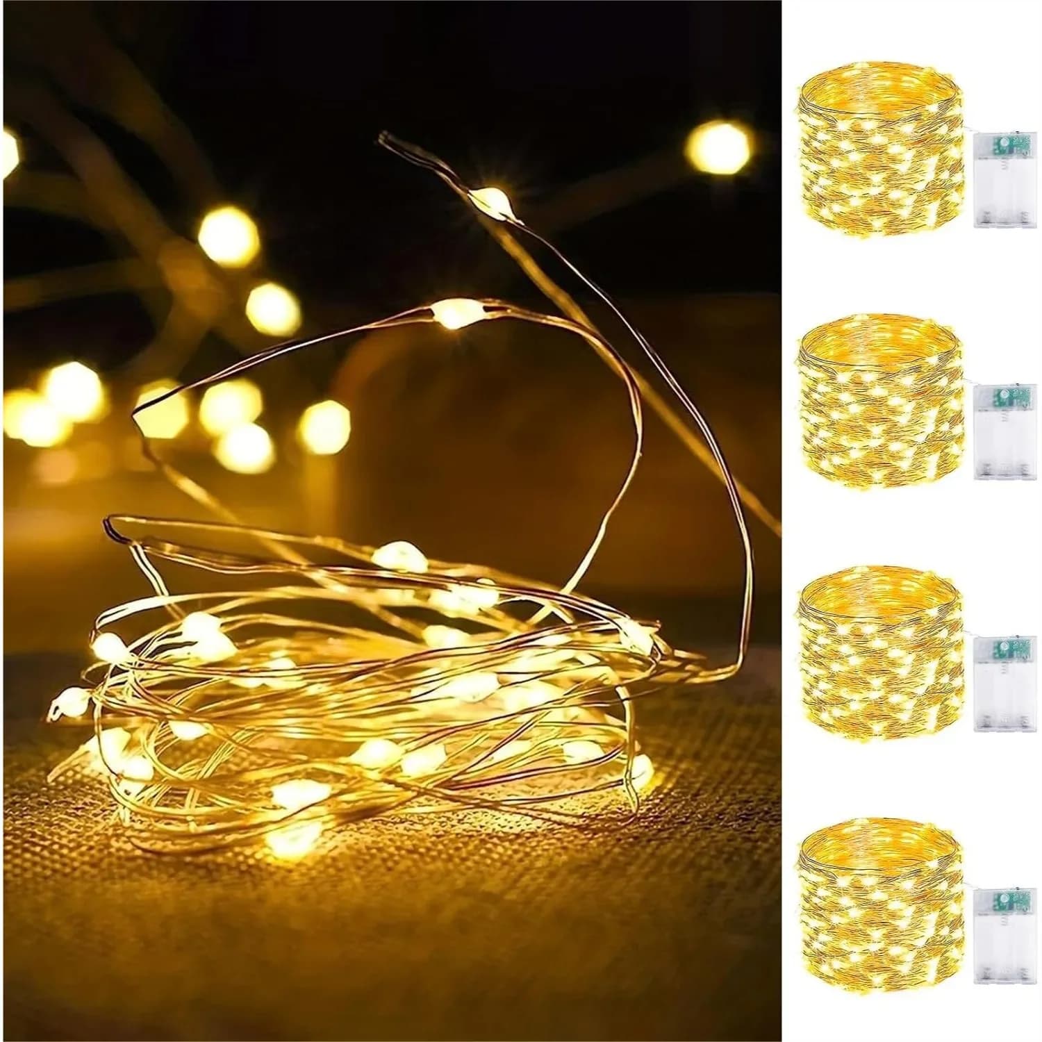 Set di 4 Luci Fatate a Batteria con Timer, Catena Luminosa da 5 Metri con 50 LED per Interni ed Esterni, Luci Stellate Tagliabili per la Casa
