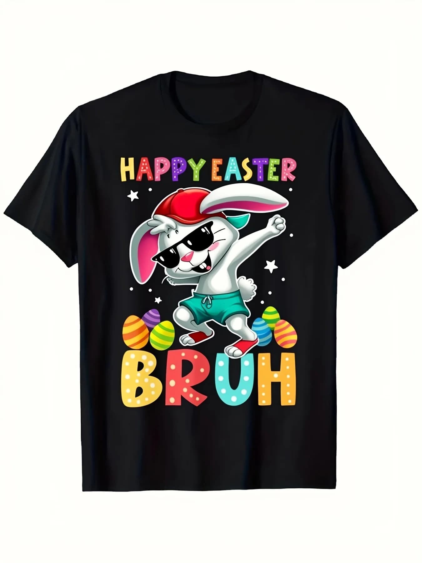 T-shirt with 'Happy Easter' graphics for men - Funny black t-shirt with colorful design, with a cute rabbit posing Dab