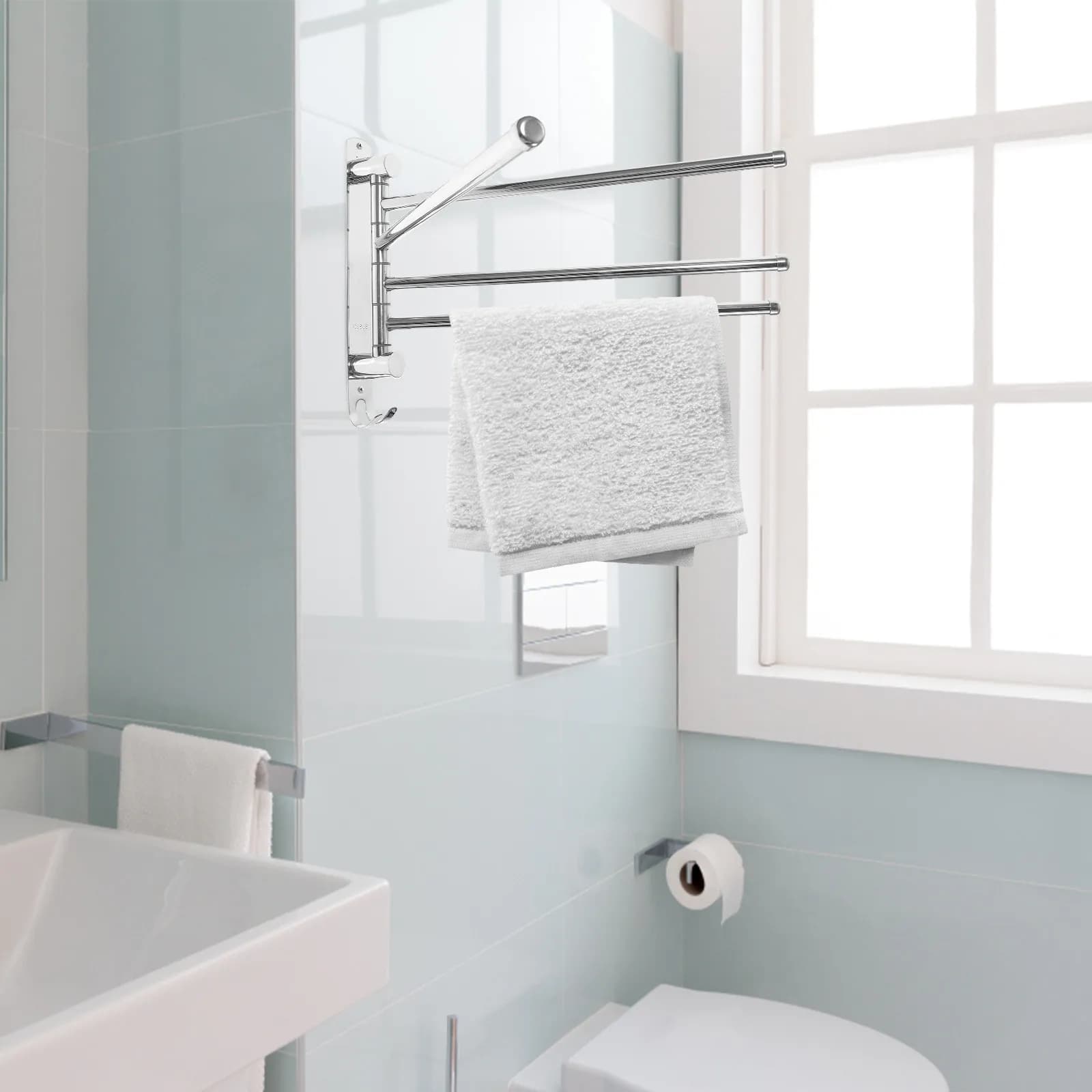 Portasciugamani a 4 Aste in Acciaio Inox con Bracci Girevoli, Montaggio a Parete, Salvaspazio, Multifunzionale per Bagno e Cucina