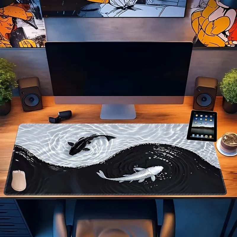 Tappetino per Mouse XXL Tai Chi Koi Fish, Grande Tappetino da Gaming con Base Antiscivolo in Gomma, Bordi Cuciti, Impermeabile per PC, Laptop, Ufficio