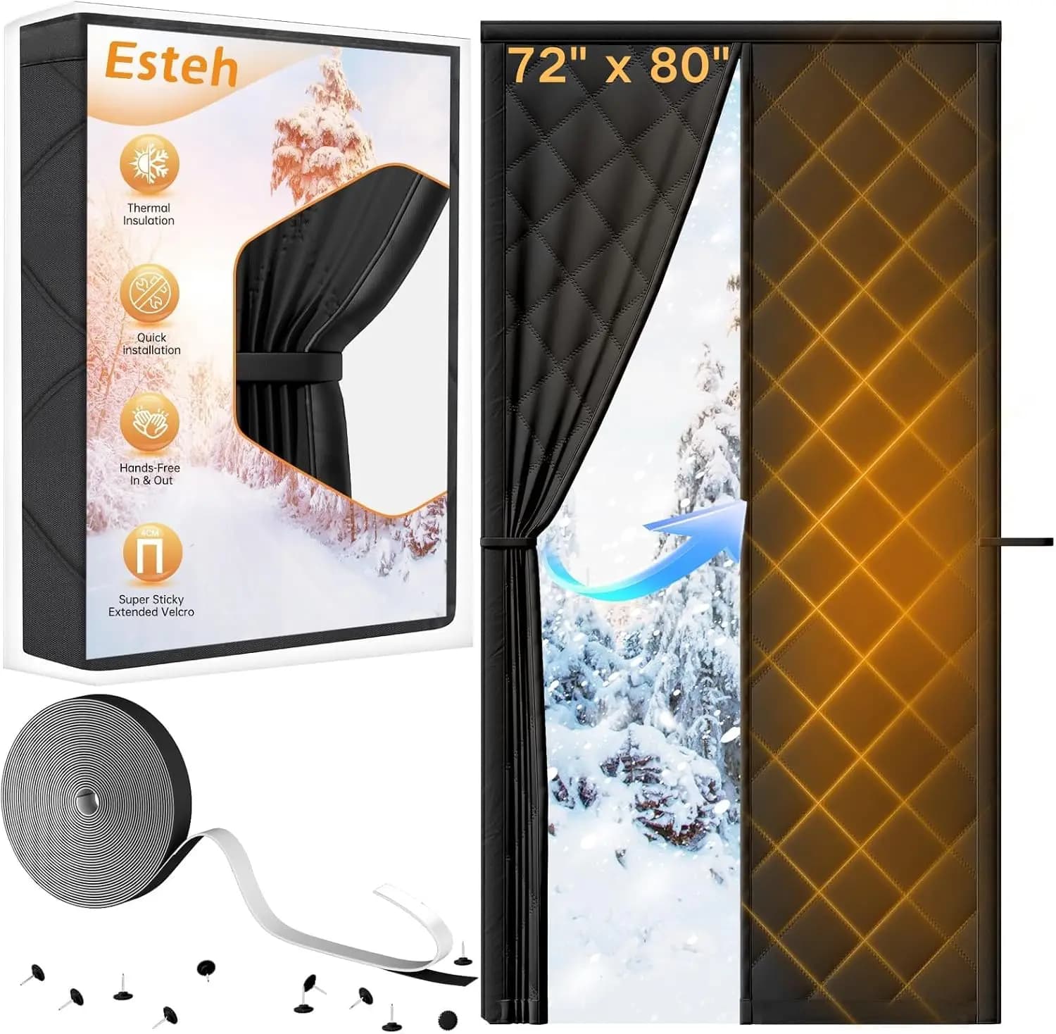 Thermal insulating magnetic curtain for winter doors, suitable for doors size 72" x 80", temporary cover in thick cotton for cold