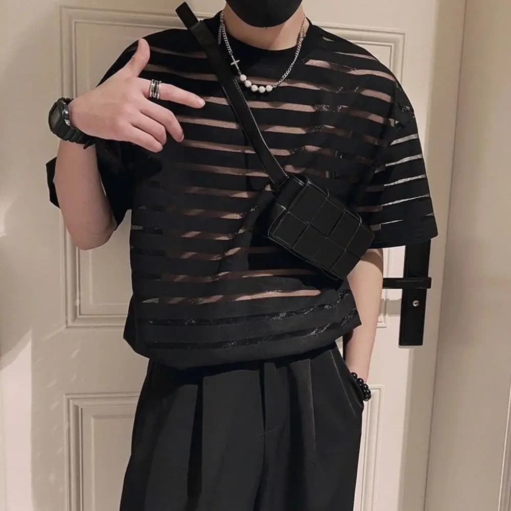 Pizzo trasparente traspirante partito manica corta magliette oversize uomo nuovo arrivo coreano Harajuku abbigliamento moda Casual top