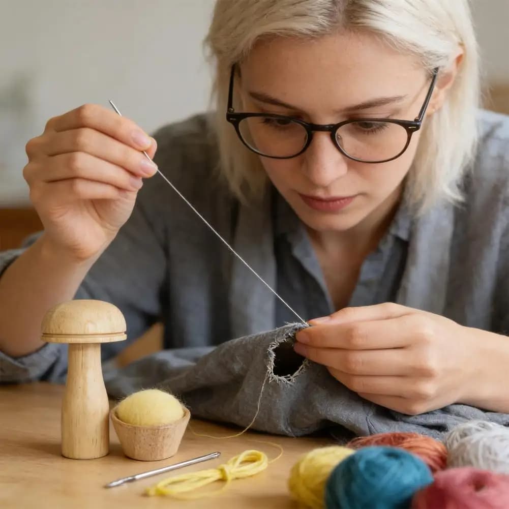 1 set di kit di riparazione per rammendo: funghi per rammendo in legno e uova per rammendo, con corda elastica e ago per occhi grandi per artigianato da cucito fai-da-te