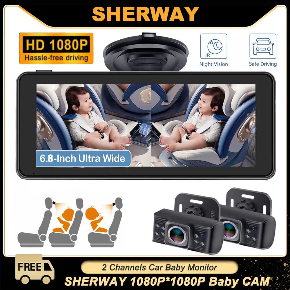 Specchio per auto per bambini Sedile posteriore a doppio canale Telecamera per auto per bambini 1080P con monitor per auto retrovisore Schermo IPS da 6,8 pollici Visione notturna per animali domestici per bambini