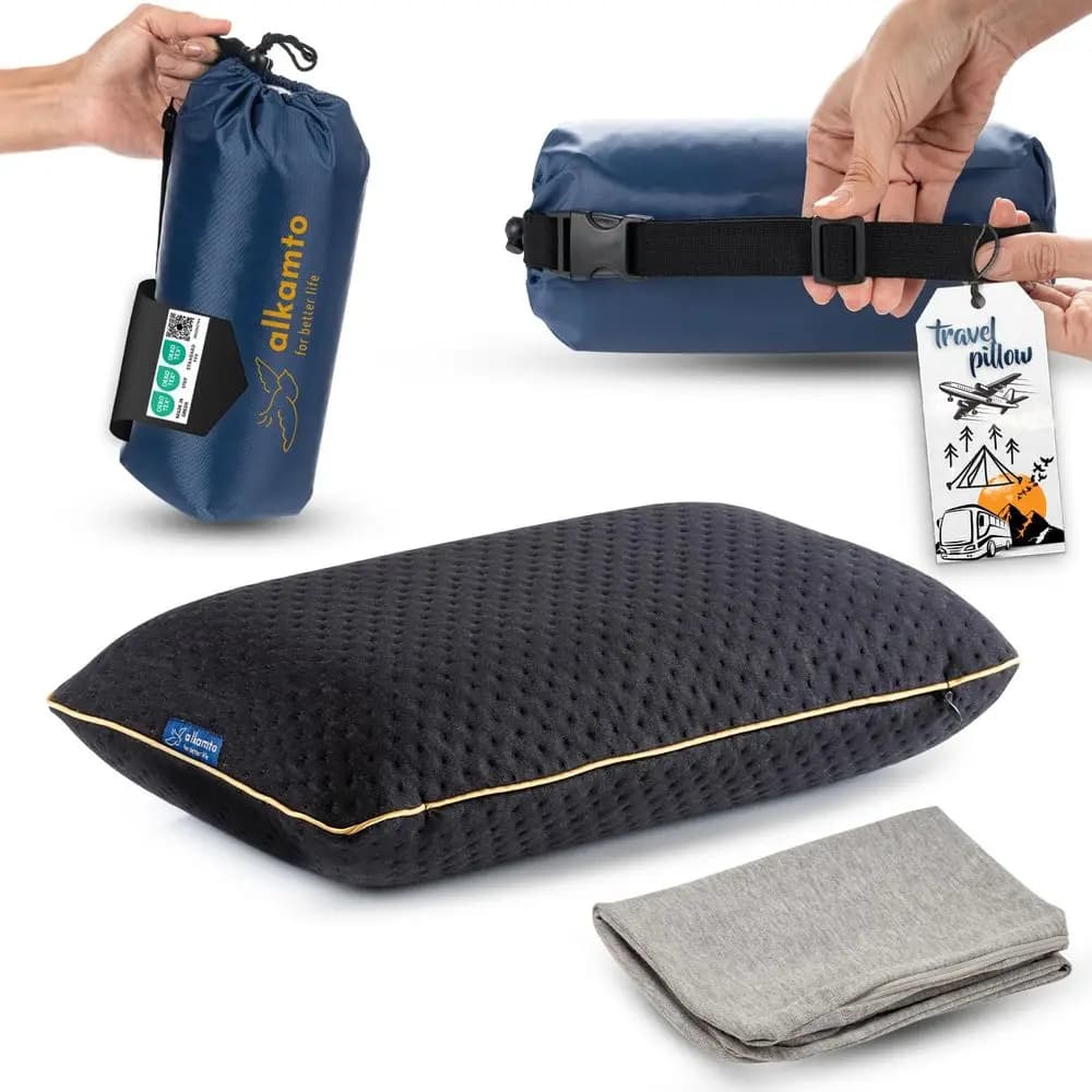 Cuscino da Viaggio e Campeggio in Memory Foam Confortevole, Facile da Trasportare, con Borsa Portatile, Federa Regolabile in Temperatura, Nero, Extra Cove