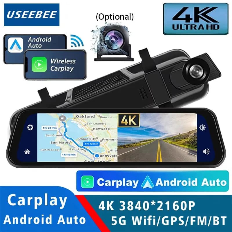 Dash Cam 4K 2160P Auto Dvr Carplay Android Auto Stream Specchietto retrovisore GPS 5G WIFI FM Radio AUX Dashcam Videocamera per auto Registratore di azionamento