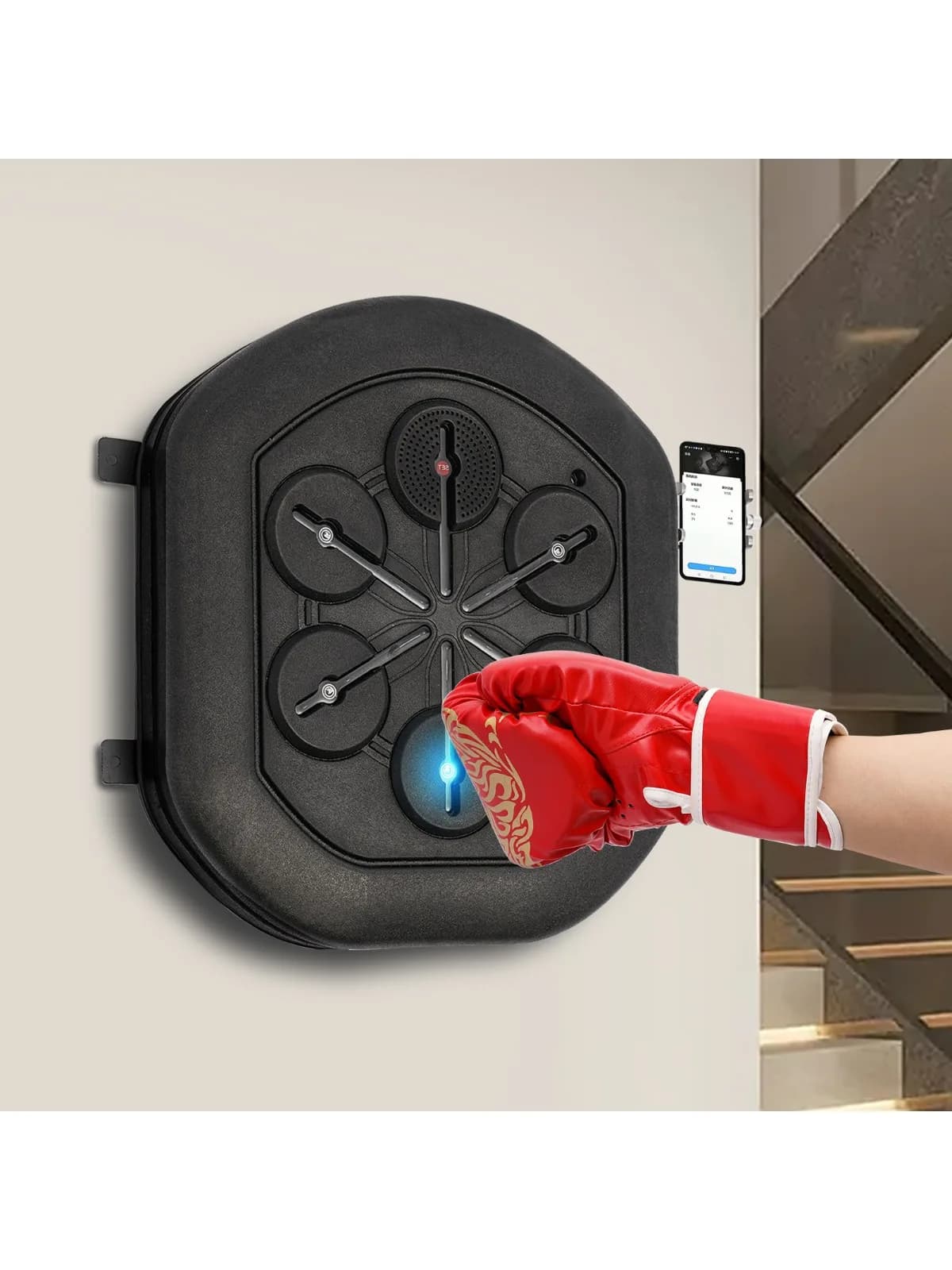 Smart music boxing machine with Bluetooth, punching equipment for boxing training with LED wall mounted light with gym gloves in the bedroom