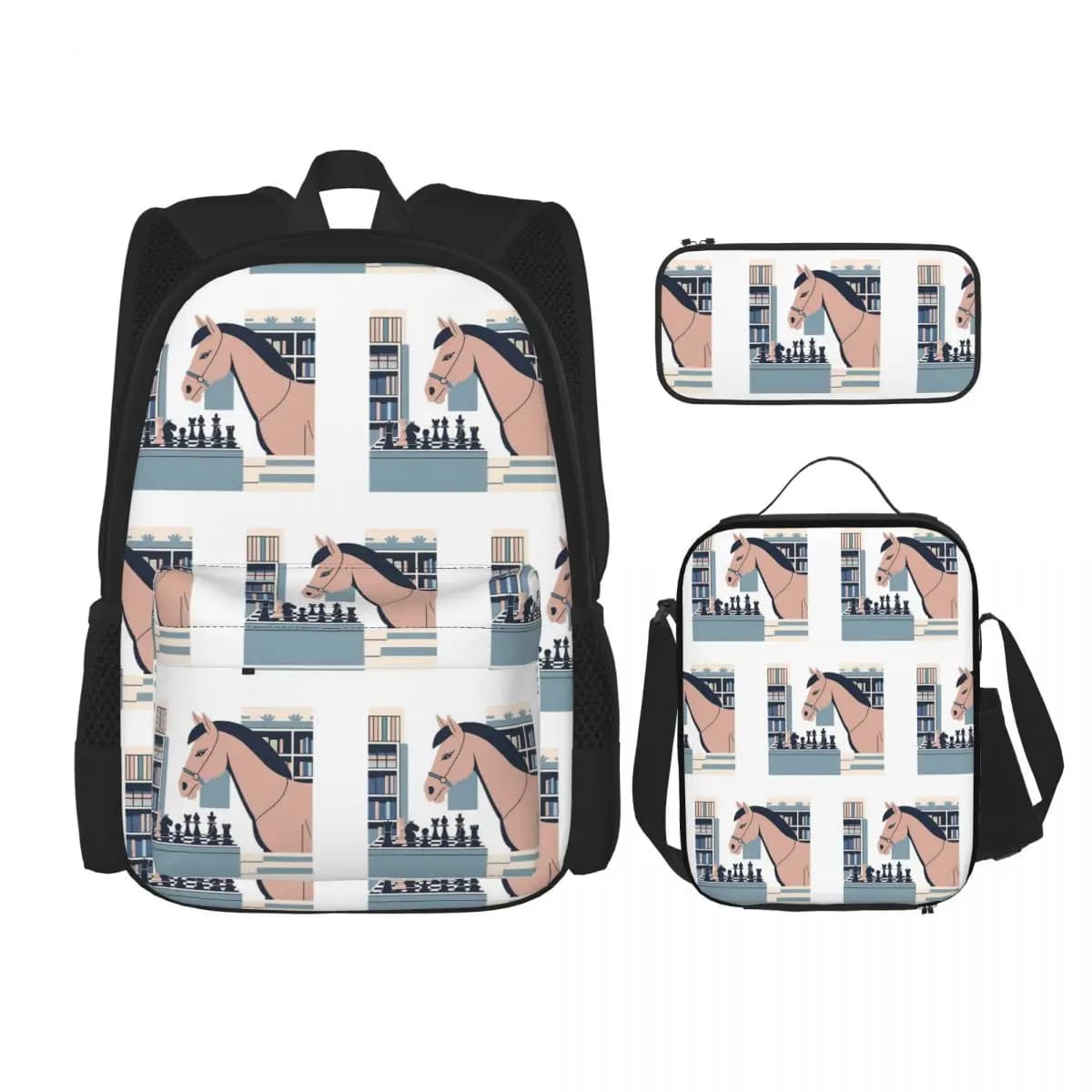 Chess & Horse Backpacks Kids Bookbag School Bags Rucksack Lunch Bag Pen Bag Three-Piece Set