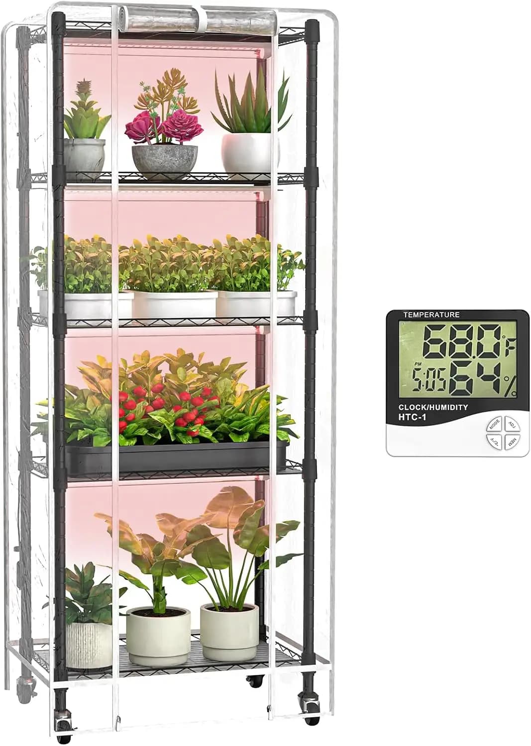 Serra da interno a 5 livelli con luci di coltivazione a spettro completo da 72W, termometro e tenda per la germinazione dei semi, 23,2"L x 13,4"W x 61,4"H