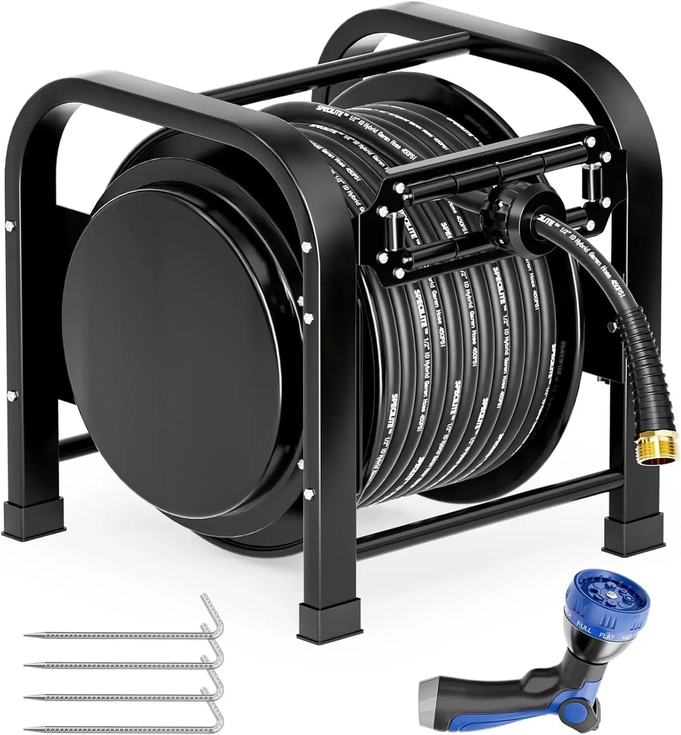 Avvolgitubo Retrattile con Tubo da Giardino da 1/2'' x 100FT, 1200 PSI, Resistente ai Raggi UV, Industriale, in Metallo, Autoportante, per Impieghi Gravosi