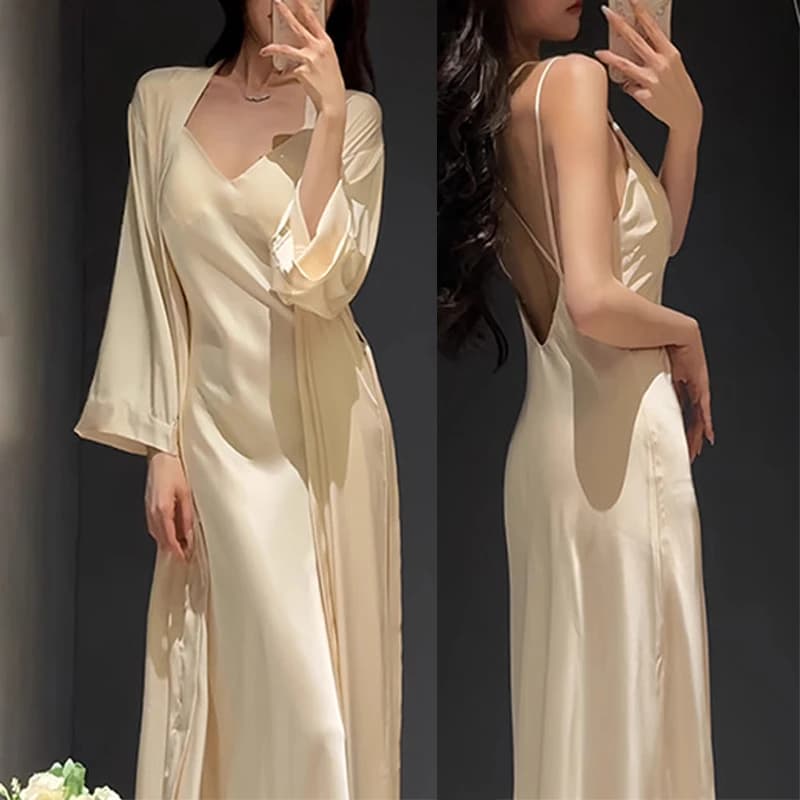 Set Vestaglia e Camicia da Notte da Sposa in Raso Setoso, Sexy con Schiena Incrociata, Pigiama, Nuova Lingerie da Donna, Abbigliamento da Notte e da Casa