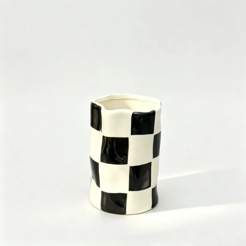 Black White Checkered Gargle Cup Toothbrush Holder Mouth Rinse Water Cup Ceramic Mug Home Decor Bathroom Tumblers Accessories
