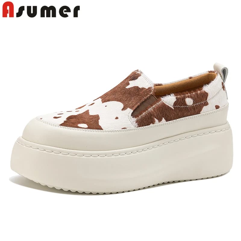 Asumer Nuove Scarpe con Zeppa in Pelle di Crine di Cavallo, Punta Tonda, Marrone Nero, Suola Spessa, Casual