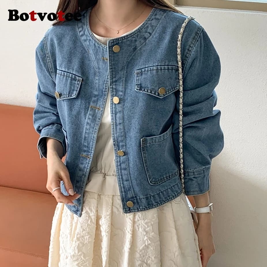 Botvotee Giacca di jeans in denim da donna Tasca vintage o collo Manica lunga Bottoni Dowm Jeans Giacche Autunno Primavera Capispalla